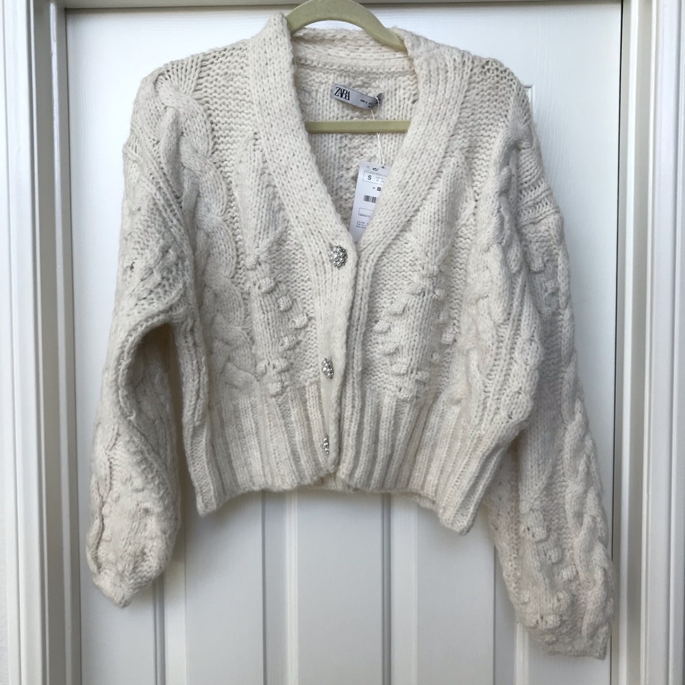 Zara Knit Cardigan Jewel Button Cream Ivory - Picture 10 of 16